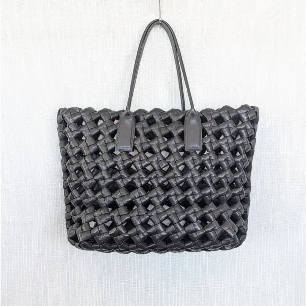 Black Genuine Leather Woven Tote Bag Large Shoulder Handbag Open Top Womens